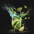 Refreshing Lime and Mint Splashing into a Mojito Cocktail for Summer Parties. Royalty Free Stock Photo