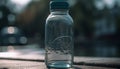 Refreshing liquid in clear glass bottle, drops of freshness visible generated by AI
