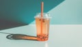 Refreshing liquid in disposable cup with blue drinking straw generated by AI Royalty Free Stock Photo