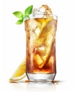Refreshing Long Island Iced Tea cocktail drink served in a glass on a pure white background. Generative AI. Royalty Free Stock Photo