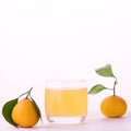 Refreshing mandarin soda drink or juice in a glass with citrus fruits on white background close up. Mandarins with green Royalty Free Stock Photo