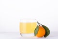 Refreshing mandarin soda drink or juice in a glass with citrus fruits on white background close up. Mandarins with green leaves Royalty Free Stock Photo