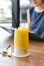Refreshing mango juice smoothies drink, Mango fruit dessert.