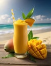 A refreshing mango smoothie on a beachside table with a palm tree and ocean view Royalty Free Stock Photo