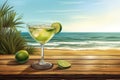 Refreshing Margarita Cocktail on Wooden Table at Beachside with Scenic Ocean View and Sunlight, Ideal for Vacation and