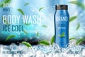 Refreshing men s body wash gel with mint leaves and ice cubes elements. Realistic body wash ad for poster. men s care Royalty Free Stock Photo