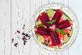 Refreshing mexican style ice pops - watermelon, hibiscus, lime paletas - ice pops - popsicles, served on vintage silver tray Royalty Free Stock Photo