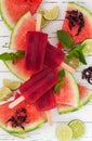 Refreshing mexican style ice pops - watermelon, hibiscus, lime paletas - ice pops - popsicles, served on watermelon slices with li Royalty Free Stock Photo