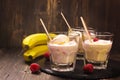 Refreshing milk cocktail with ice cream scoops, raspberry and banana Royalty Free Stock Photo