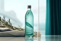 Refreshing mineral water bottle reusable glass mockup with teal bubbles