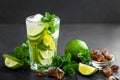 Refreshing mint cocktail mojito with rum and lime, cold drink or beverage with ice on black background Royalty Free Stock Photo