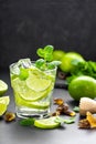 Refreshing mint cocktail mojito with rum and lime, cold drink or beverage with ice on black background Royalty Free Stock Photo