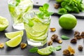 Refreshing mint cocktail mojito with rum and lime, cold drink or beverage with ice on black background Royalty Free Stock Photo