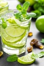 Refreshing mint cocktail mojito with rum and lime, cold drink or beverage with ice on black background Royalty Free Stock Photo