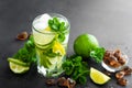 Refreshing mint cocktail mojito with rum and lime, cold drink or beverage with ice on black background Royalty Free Stock Photo