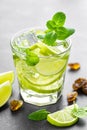 Refreshing mint cocktail mojito with rum and lime, cold drink or beverage with ice on black background Royalty Free Stock Photo