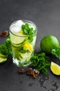 Refreshing mint cocktail mojito with rum and lime, cold drink or beverage with ice on black background Royalty Free Stock Photo