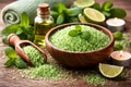 Refreshing Mint Lime Bath Salt Composition With Essential Oils And Candlelight Royalty Free Stock Photo