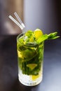 Refreshing mojito cocktail with Cuban rum,green mint leaves,lemon lime served in high glass with two plastic straws.Fresh summer Royalty Free Stock Photo