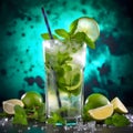 Refreshing Mojito Cocktail with lime green mint leaves