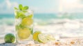 Refreshing mojito cocktail with lime and mint on the beach Royalty Free Stock Photo