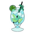 Refreshing Mojito cocktail with lime and mint in a tall glass with a straw and ice. sketch. Isolated. Royalty Free Stock Photo