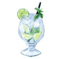 Refreshing Mojito cocktail with lime and mint in a tall glass with a straw and ice. Watercolor sketch. Isolated. Vector Royalty Free Stock Photo