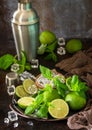 Refreshing Mojito cocktail making. Mint, lime, ice ingredients and bar utensils Royalty Free Stock Photo