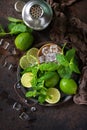 Refreshing Mojito cocktail making. Mint, lime, ice ingredients and bar utensils Royalty Free Stock Photo