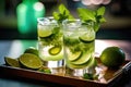 refreshing mojito cocktails on a wooden tray. close up view. Generative AI