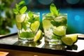 refreshing mojito cocktails on a wooden tray. close up view. Generative AI