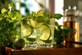 refreshing mojito cocktails on a wooden tray. close up view. Generative AI