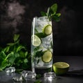 Refreshing mojito made with muddled mint leaves, fresh lime juice, sugar, white rum, soda water. AI generated Royalty Free Stock Photo