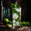Refreshing mojito made with muddled mint leaves, fresh lime juice, sugar, white rum, soda water. AI generated Royalty Free Stock Photo