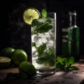 Refreshing mojito made with muddled mint leaves, fresh lime juice, sugar, white rum, soda water. AI generated Royalty Free Stock Photo