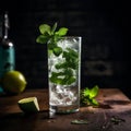 Refreshing mojito made with muddled mint leaves, fresh lime juice, sugar, white rum, soda water. AI generated Royalty Free Stock Photo