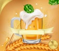 Refreshing mug beer with splashing foam and bubbles with green hops, wheat ears. Full cup with beer for alcoholic drinks Royalty Free Stock Photo