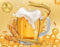 Refreshing mug beer with splashing foam and wheat ears, honey. Full cup with beer for alcoholic drinks advertising Royalty Free Stock Photo