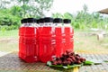 Refreshing mulberry juice in the bottles with berries on table, Healthy fruit, Organic fresh.-Healthy concept Royalty Free Stock Photo