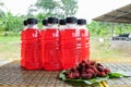 Refreshing mulberry juice in the bottles with berries on table, Healthy fruit, Organic fresh.-Healthy concept