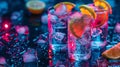Refreshing neon colored summer drinks with chilled ice cubes for hot days and outdoor parties