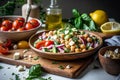 refreshing and nutritious chickpea salad featuring crisp cucumbers and juicy tomatoes, careful preparation