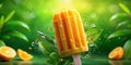 Refreshing orange ice pop suspended in mid-air with water droplets and lush greenery. Generative AI Royalty Free Stock Photo