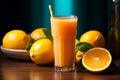 Refreshing orange juice in a glass, adorned with a blue straw, surrounded by oranges