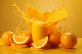 Refreshing Orange Juice in Glass with Splashes, Copy Space, Vibrant Orange Background