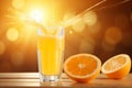 Refreshing Orange Juice Splash in Glass, Freshly Squeezed, Copy Space, Vibrant Orange Background