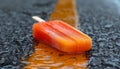 A refreshing orange popsicle melting on a wet, dark asphalt surface, creating a vivid contrast