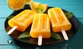 Refreshing Orange Popsicles on White Plate Over Vibrant Blue Wooden Table, Summertime Treats for Cooling Off in the Heat