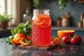 Refreshing orange and tomato drink in jar surrounded by fresh ingredients in kitchen Royalty Free Stock Photo