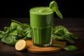 Refreshing Organic green spinach smoothie glass on wooden table. Generate ai